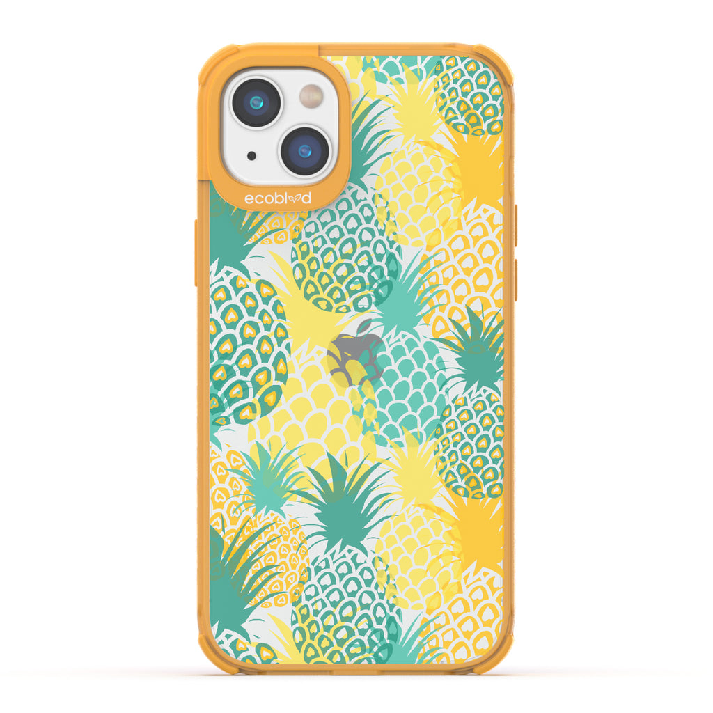 Pineapple Breeze - Yellow Eco-Friendly iPhone 14 Plus Case With Tropical Colored Pineapples On A Clear Back