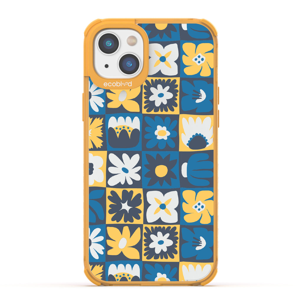Paradise Blooms - Yellow Eco-Friendly iPhone 14 Case With Tropical Floral Checker Print On A Clear Back