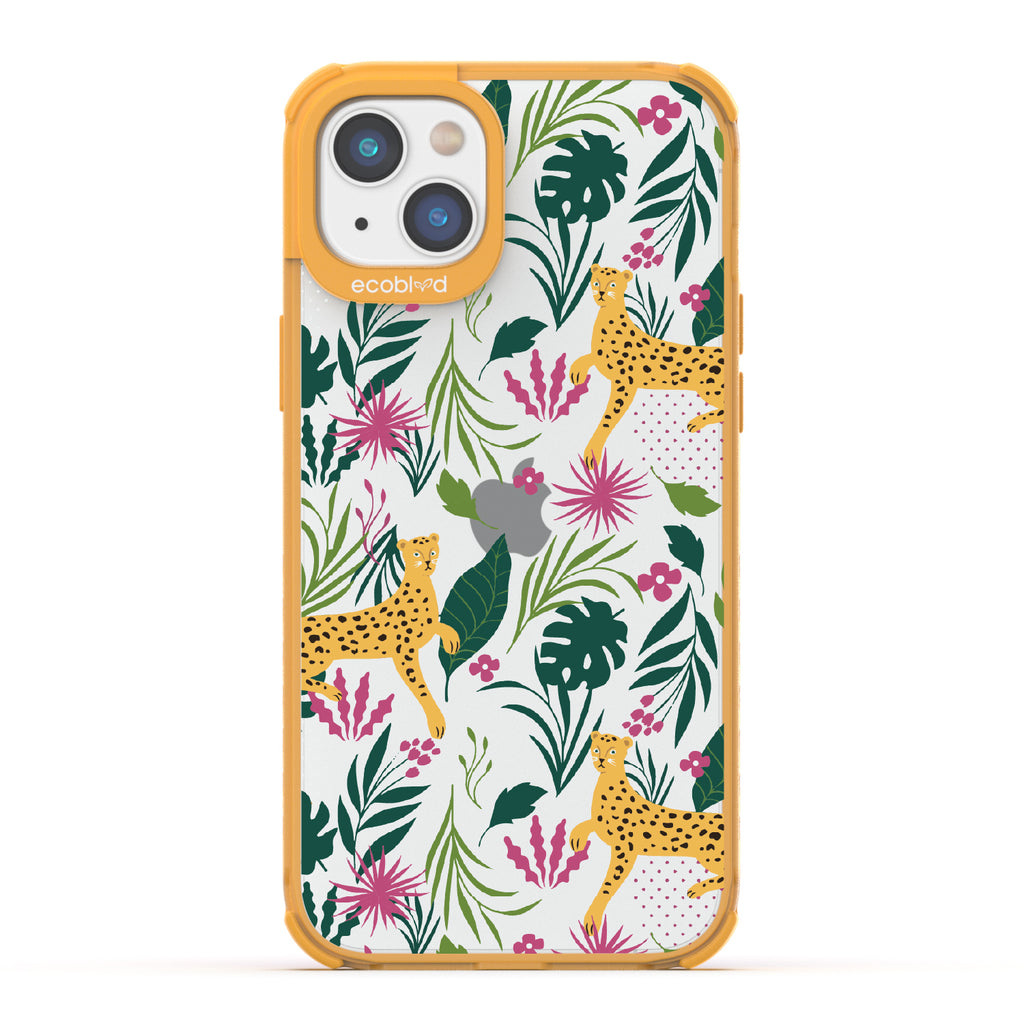 Jungle Boogie - Yellow Eco-Friendly iPhone 14 Case With Cheetahs Among Lush Colorful Jungle Foliage On A Clear Back