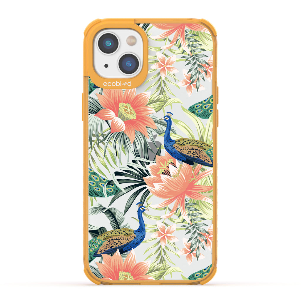 Peacock Palace - Yellow Eco-Friendly iPhone 14 Plus Case With Peacocks + Colorful Tropical Fauna On A Clear Back