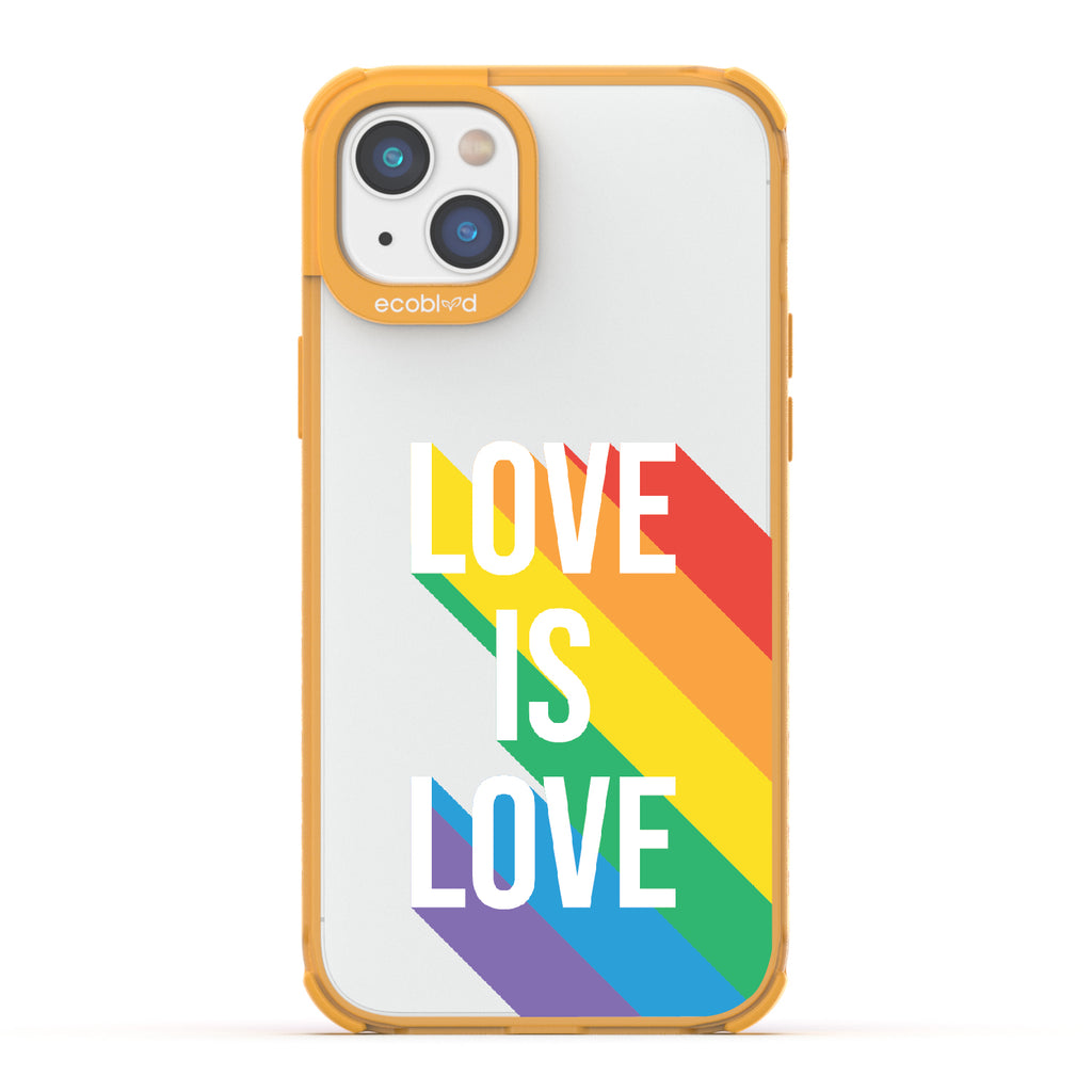 Spectrum Of Love - Yellow Eco-Friendly iPhone 14 Plus Case With Love Is Love + Rainbow Gradient Shadow On A Clear Back