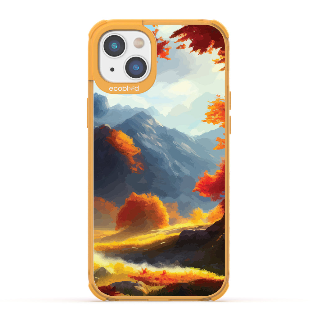 Autumn Canvas - Watercolored Fall Mountain Landscape - Eco-Friendly Clear iPhone 14 Plus Case With Yellow Rim 