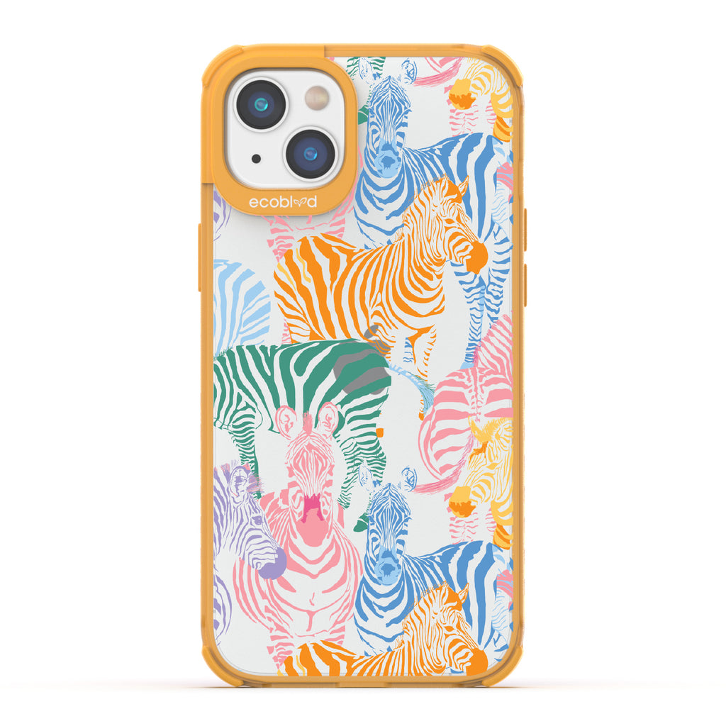 Colorful Herd - Yellow Eco-Friendly iPhone 14 Case With Zebras in Multiple Colors On A Clear Back