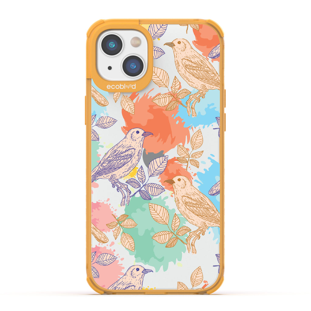 Perch Perfect - Yellow Eco-Friendly iPhone 14 Plus Case With Birds On Branches & Splashes Of Color On A Clear Back