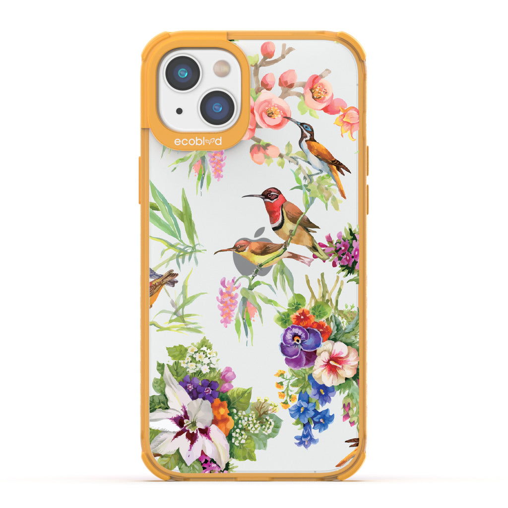 Sweet Nectar - Yellow Eco-Friendly iPhone 14 Plus Case With Humming Birds, Colorful Garden Flowers On A Clear Back