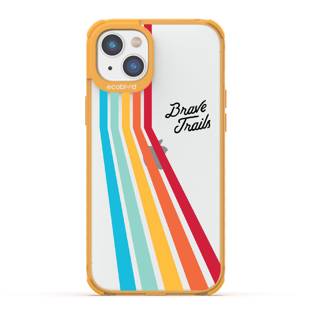 Trailblazer X Brave Trails - Yellow Eco-Friendly iPhone 14 Plus Case with Trails  In A Vibrant Spectrum Of Rainbow Colors On A Clear Back