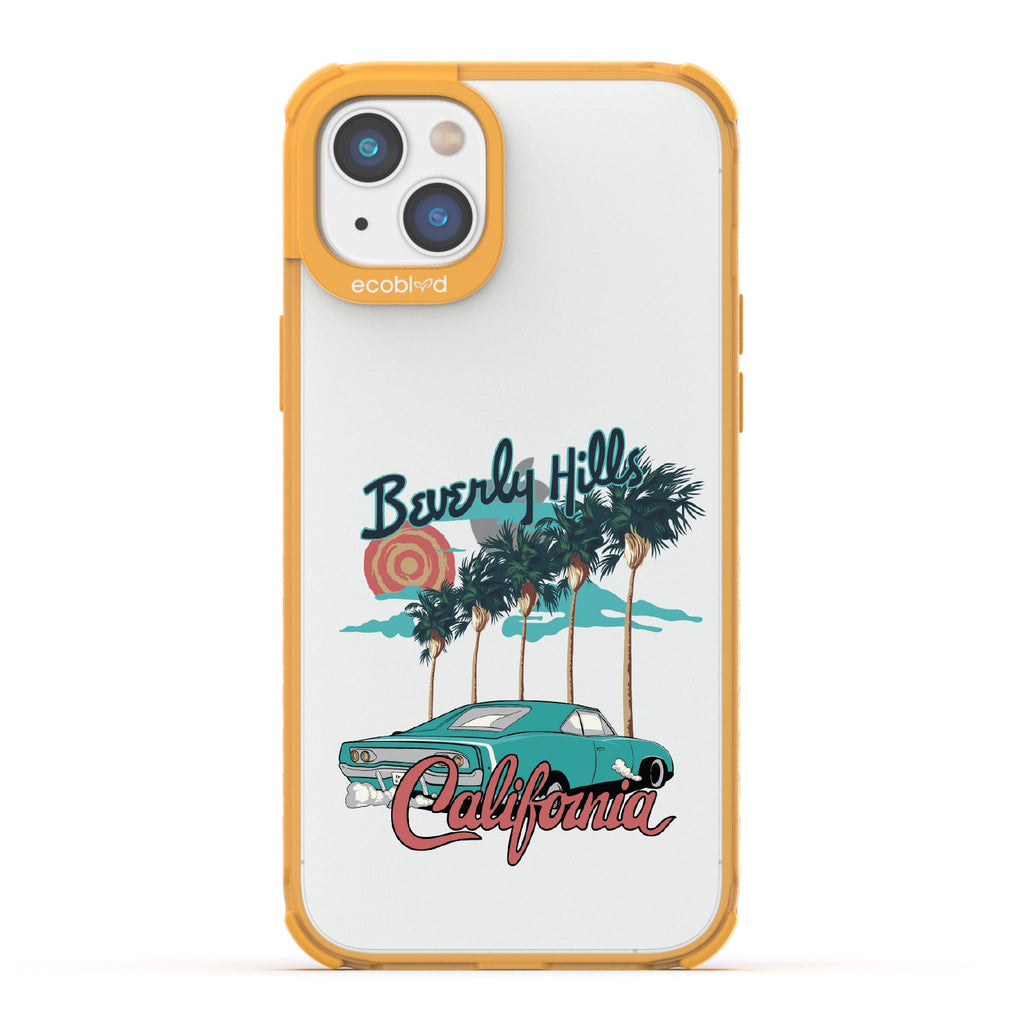 iPhone 16e, 14, 13 case, clear eco-friendly phone case with yellow ridges, back view, 90210 design