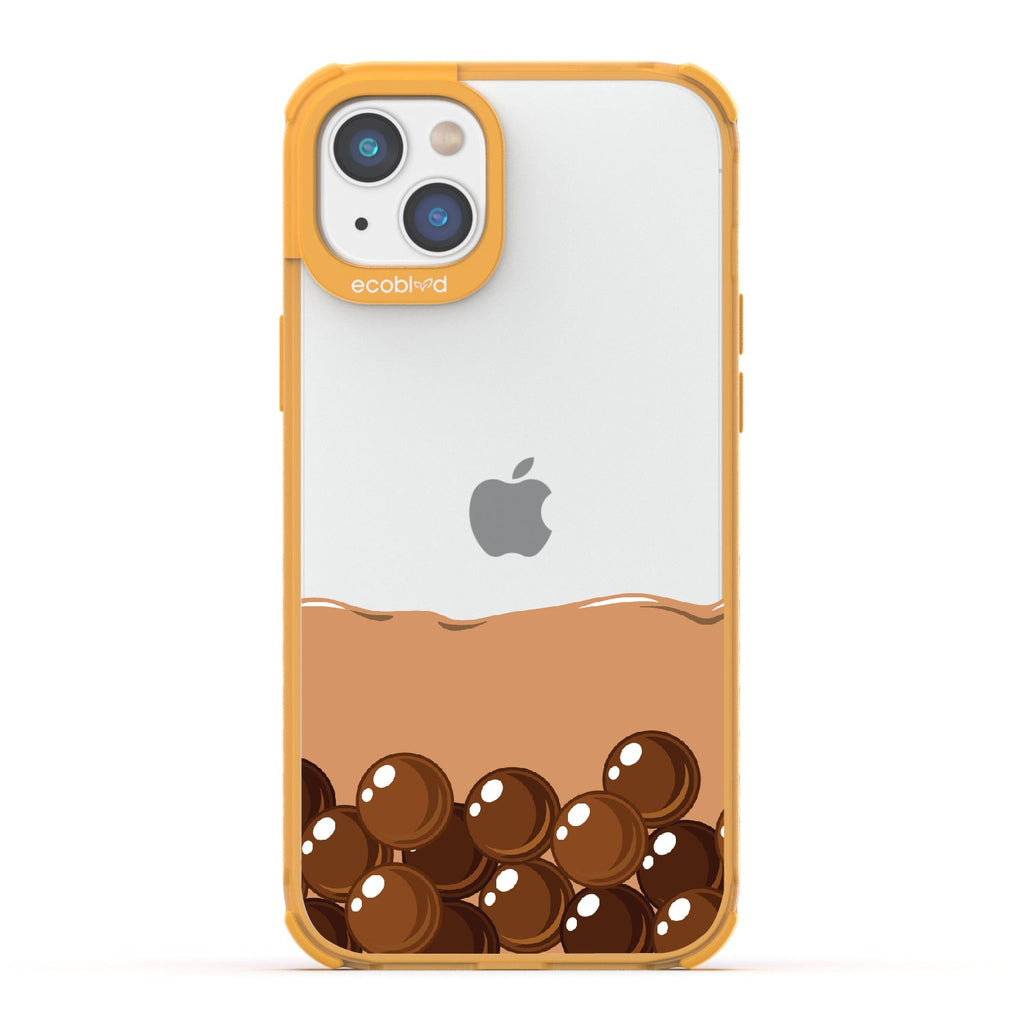 iPhone 16e, 14, 13 case, clear eco-friendly phone case with yellow ridges, back view, Brown Sugar Boba design
