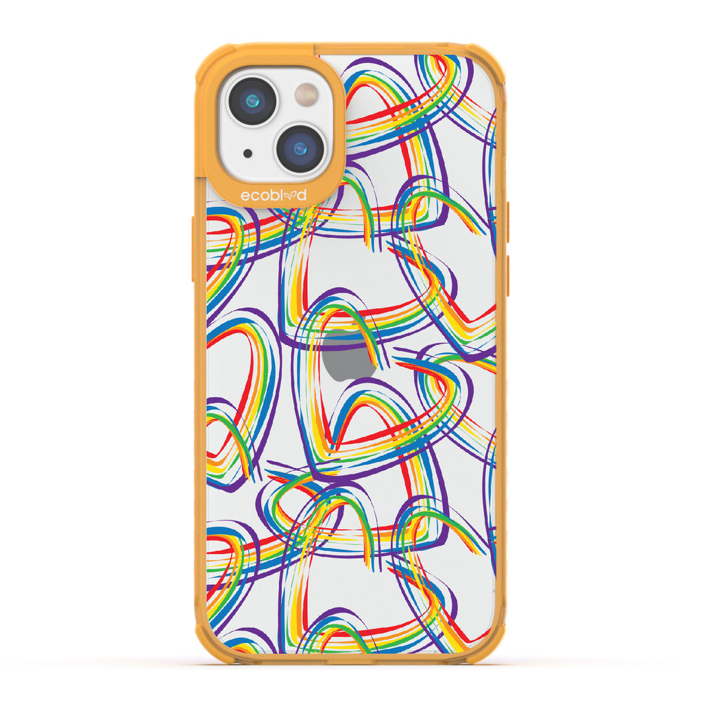 One Love - Yellow Eco-Friendly iPhone 14 Case With Brush Stroke Rainbow Hearts On A Clear Back