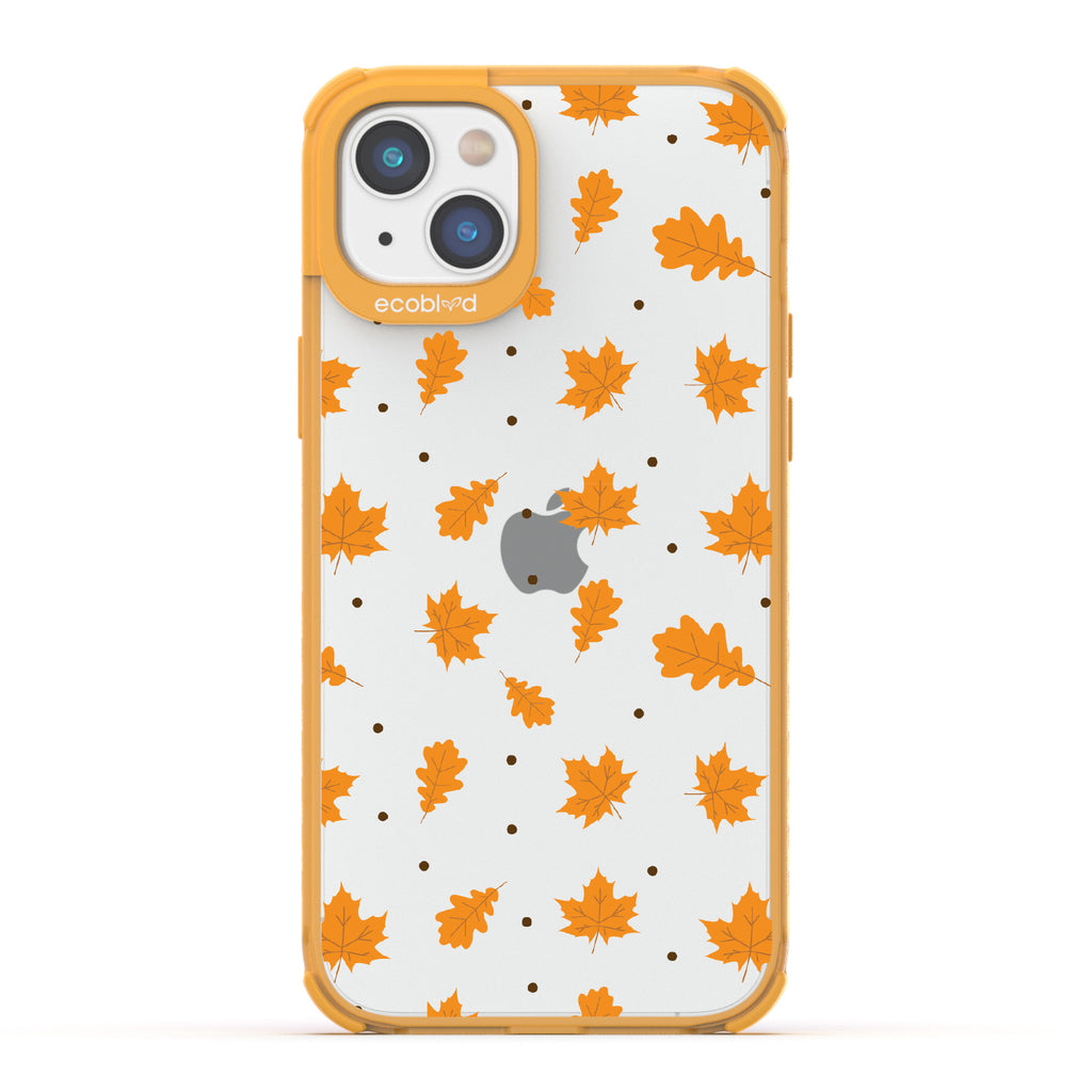 A New Leaf - Brown Fall Leaves - Eco-Friendly Clear iPhone 14 Plus Case With Yellow Rim 