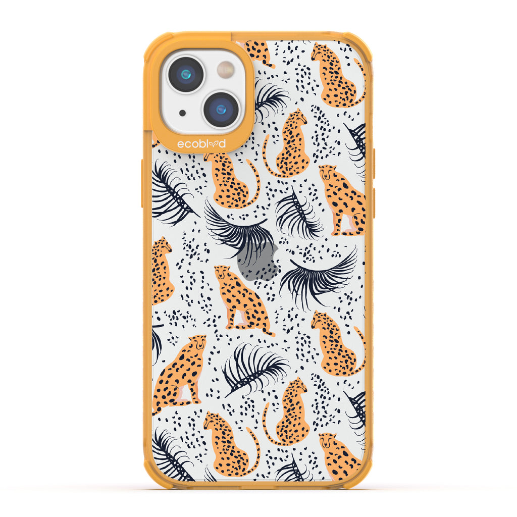 Feline Fierce - Yellow Eco-Friendly iPhone 14 Plus Case With Minimalist Cheetahs With Spots and Reeds On A Clear Back
