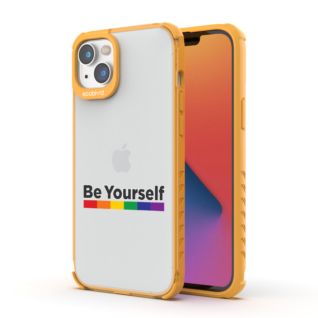 Be Yourself - Back View Of Yellow & Clear Eco-Friendly iPhone 14 Case & A Front View Of The Screen