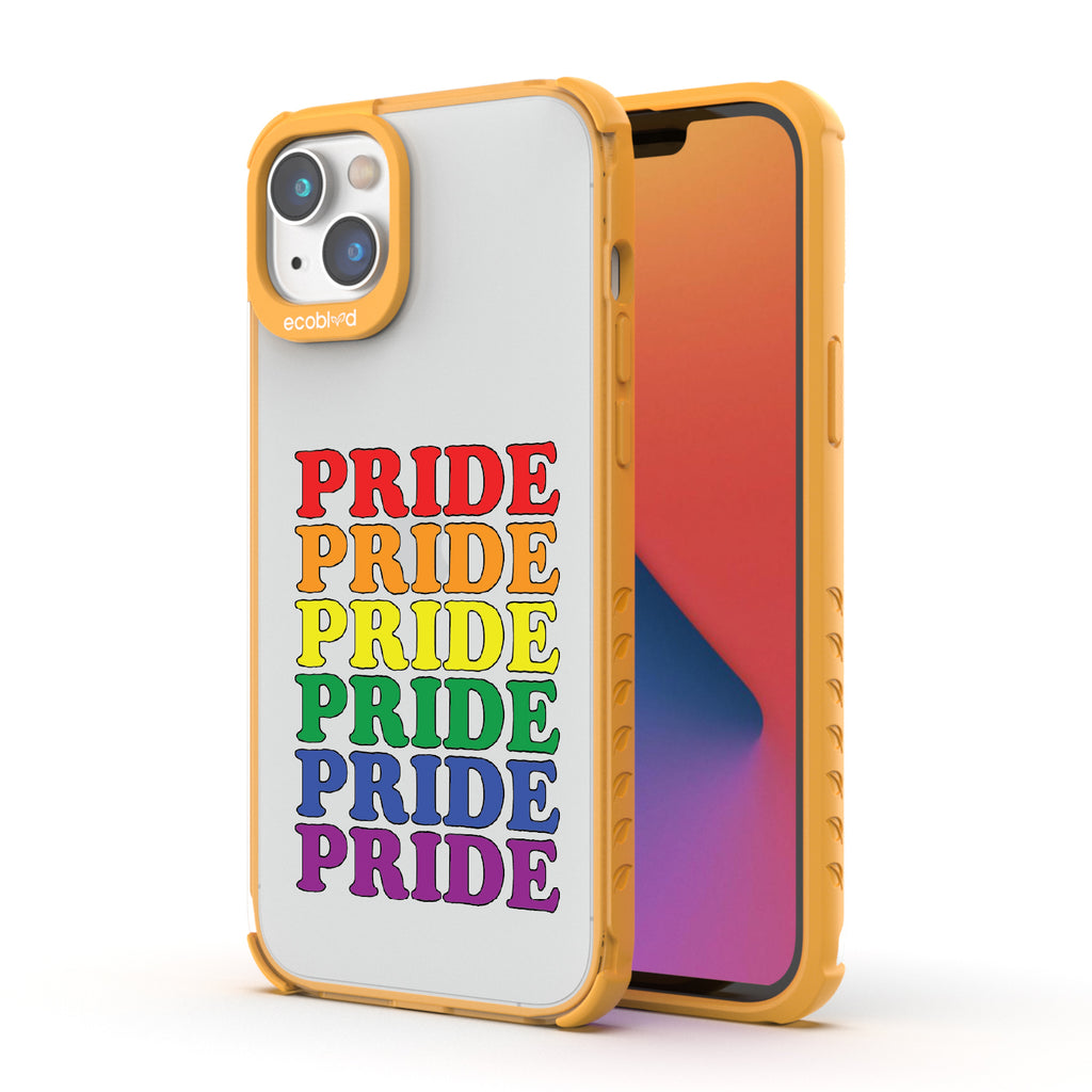 Pride Camp - Back View Of Yellow & Clear Eco-Friendly iPhone 14 Case & A Front View Of The Screen