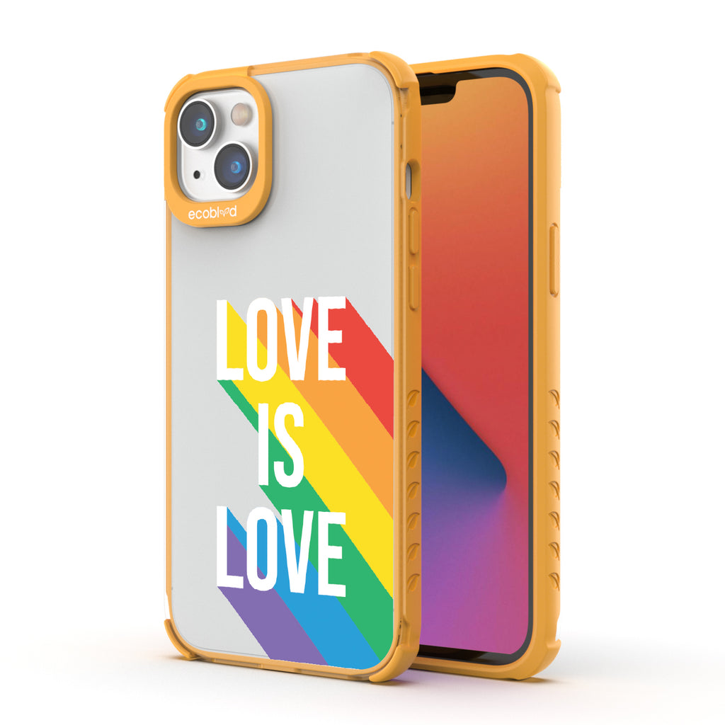 Spectrum Of Love - Back View Of Yellow & Clear Eco-Friendly iPhone 14 Case & A Front View Of The Screen