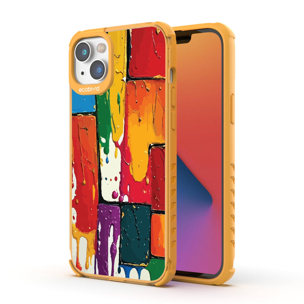 Front and back view of iPhone 16e, 14, 13 case, clear compostable phone case with yellow ridges, Color Me Mine design