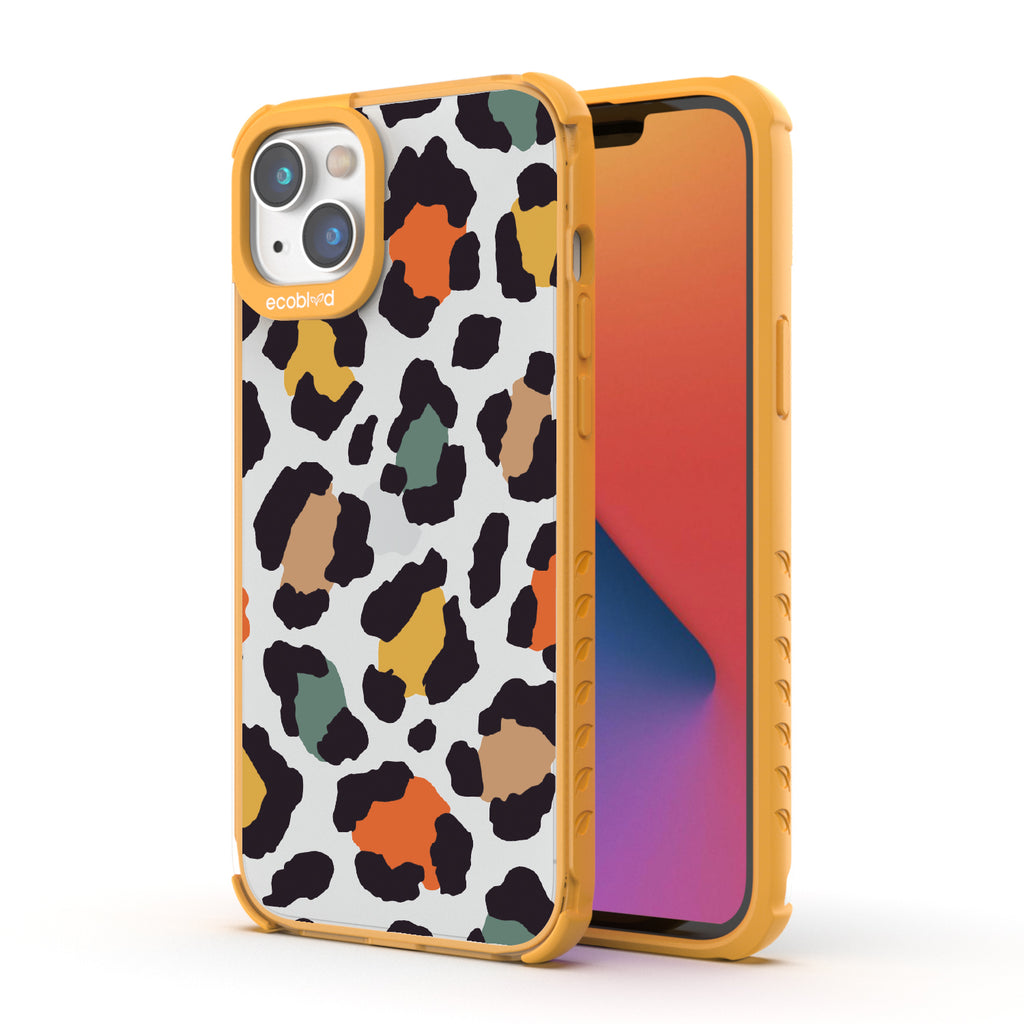 Cheetahlicious - Yellow Eco-Friendly iPhone 14 Case With Multi-Colored Cheetah Print On A Clear Back