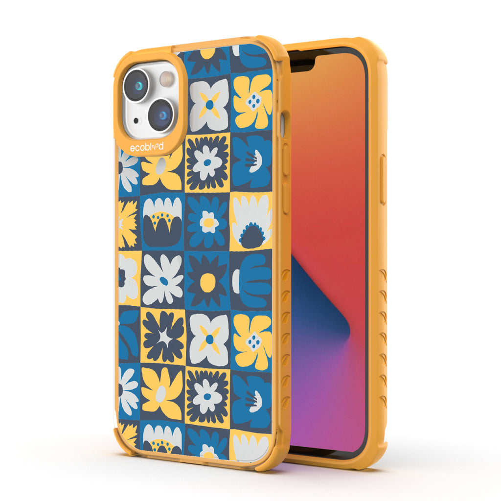 Paradise Blooms - Back View Of Yellow & Clear Eco-Friendly iPhone 14 Case & A Front View Of The Screen