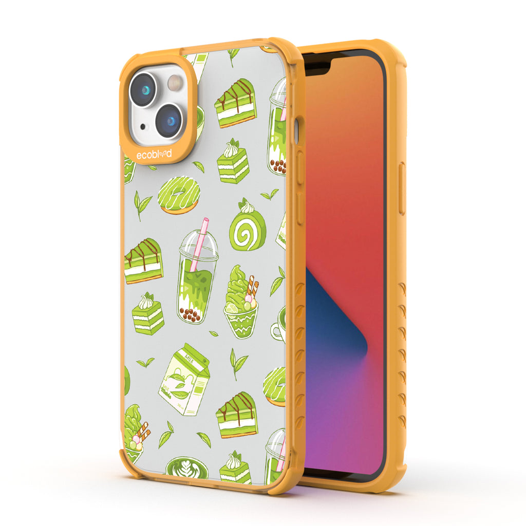 Front and back view of iPhone 14 Plus case, clear compostable phone case with yellow ridges, So Matcha More design
