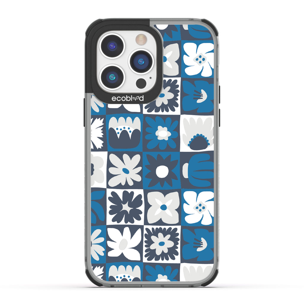 Paradise Blooms - Black Eco-Friendly iPhone 14 Pro Max Case With Tropical Floral Checker Print On A Clear Back
