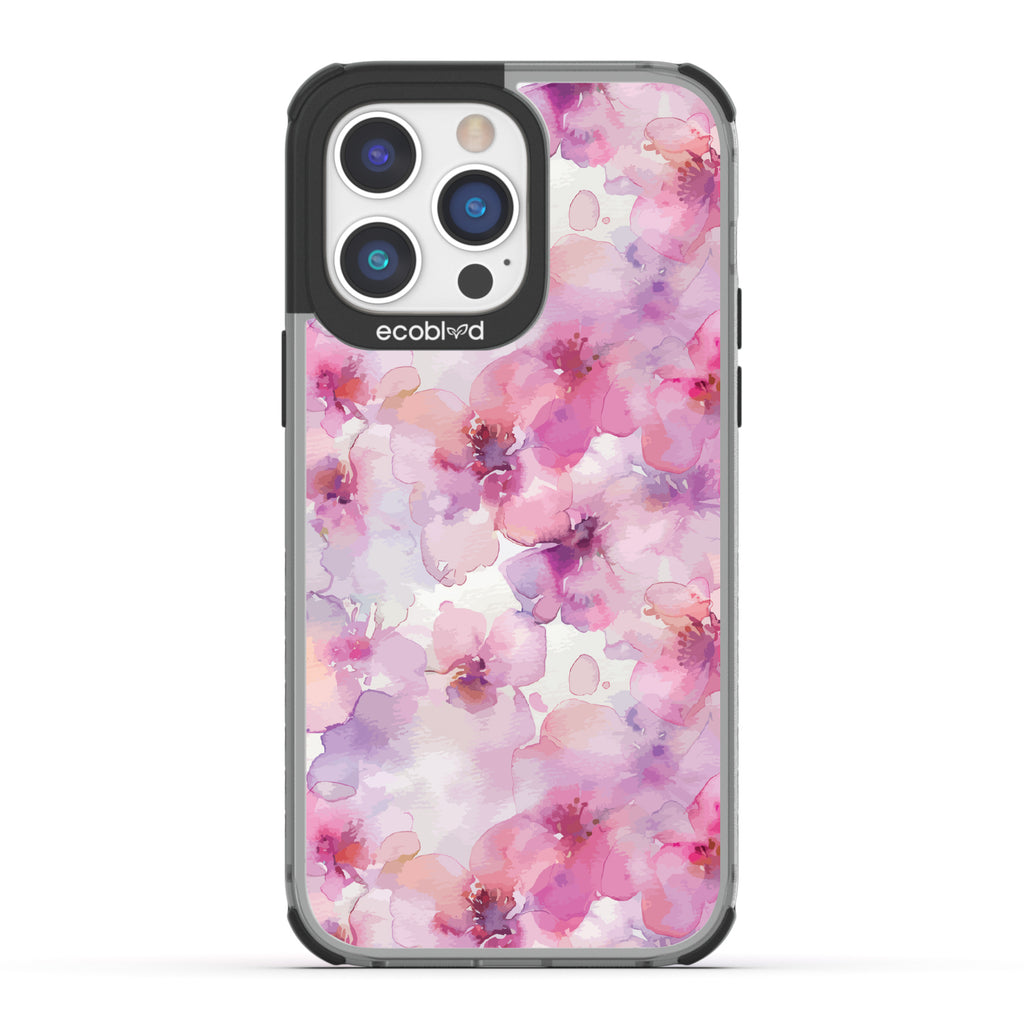 iPhone 14 Pro Max case, clear eco-friendly phone case with black ridges, back view, Rosewater design