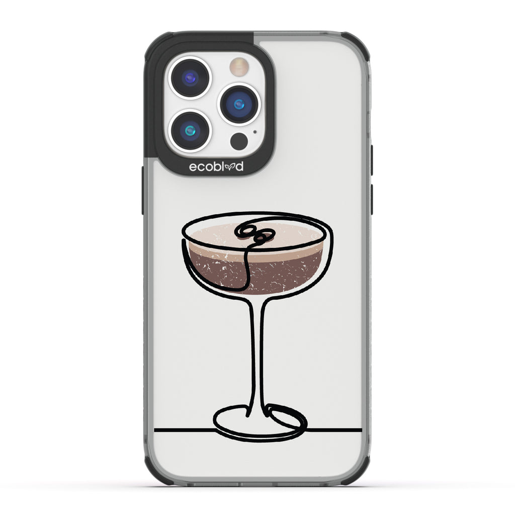 iPhone 14 Pro Max case, clear eco-friendly phone case with black ridges, back view, Brewtini design