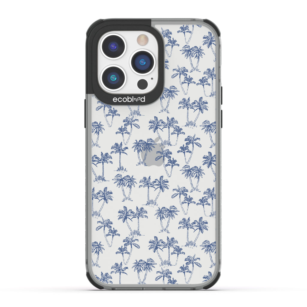 Endless Summer - Black Eco-Friendly iPhone 14 Pro Case With 50's-Style Blue Palm Trees Print On A Clear Back