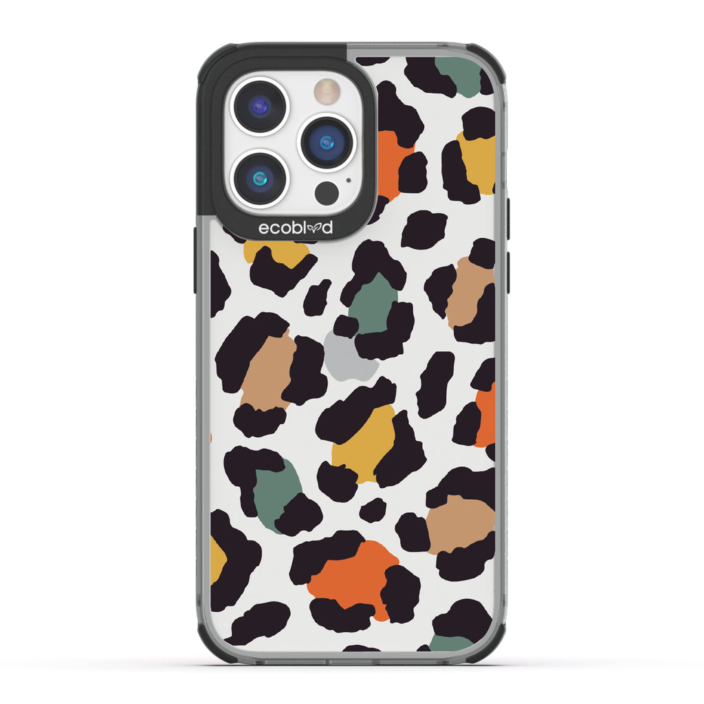 Cheetahlicious - Black Eco-Friendly iPhone 14 Pro Case With Multi-Colored Cheetah Print On A Clear Back