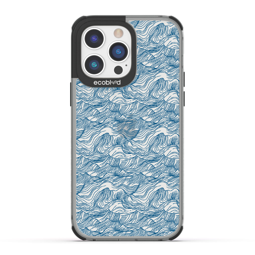 Seas The Day - Black Eco-Friendly iPhone 14 Pro Case With Hand Drawn Waves On A Clear Back