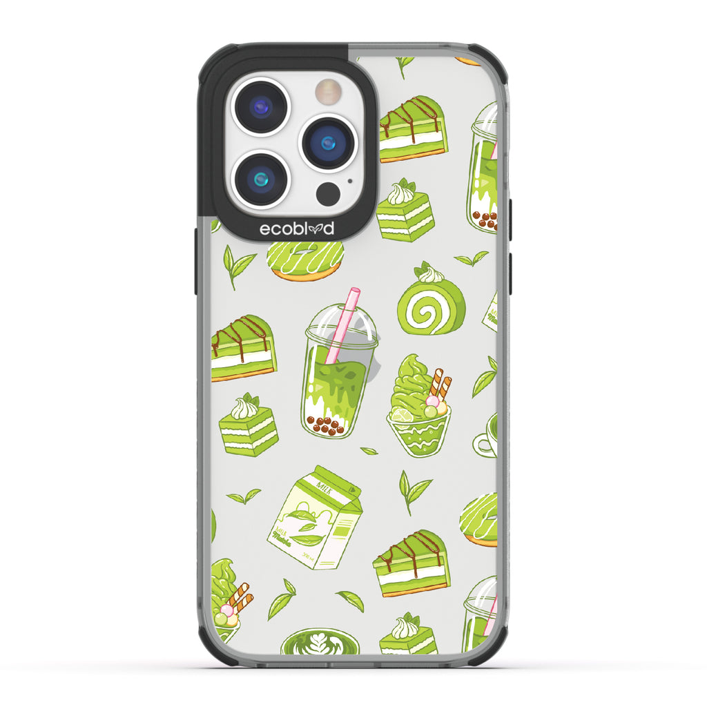 iPhone 14 Pro Max case, clear eco-friendly phone case with black ridges, back view, So Matcha More design