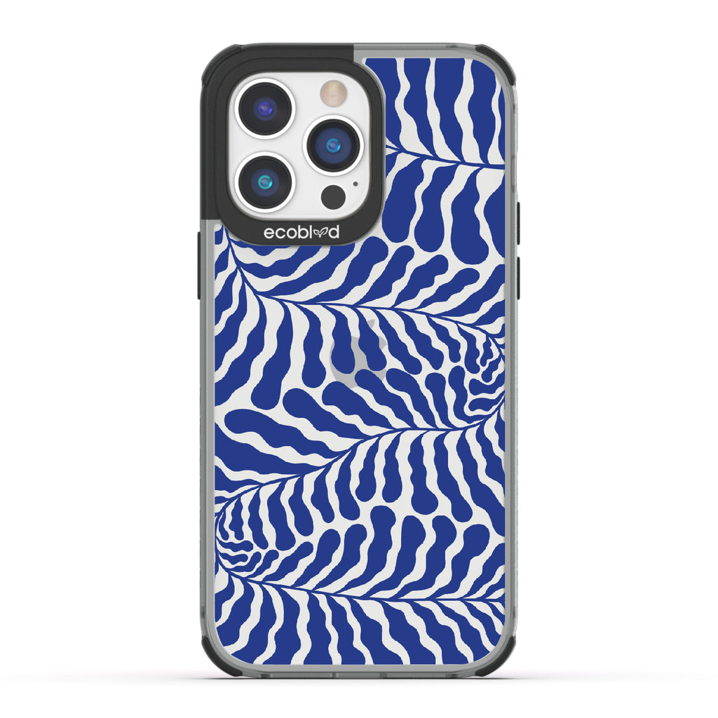 Blue Lagoon - Black Eco-Friendly iPhone 14 Pro Case With Abstract Tropical Blue Seaweed On A Clear Back
