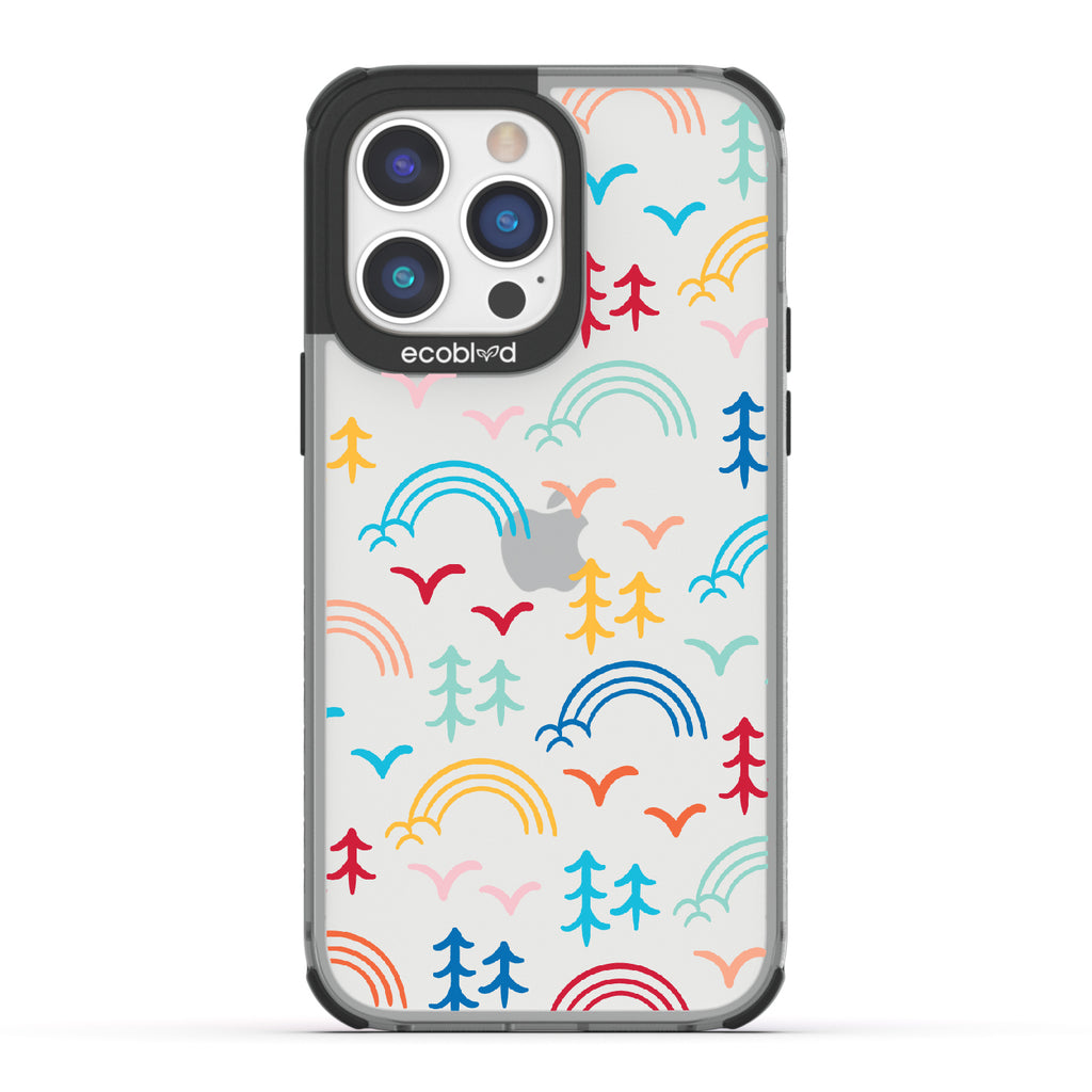 Happy Camper X Brave Trails - Black Eco-Friendly iPhone 14 Pro Max Case with Minimalist Trees, Birds, Rainbows On A Clear Back