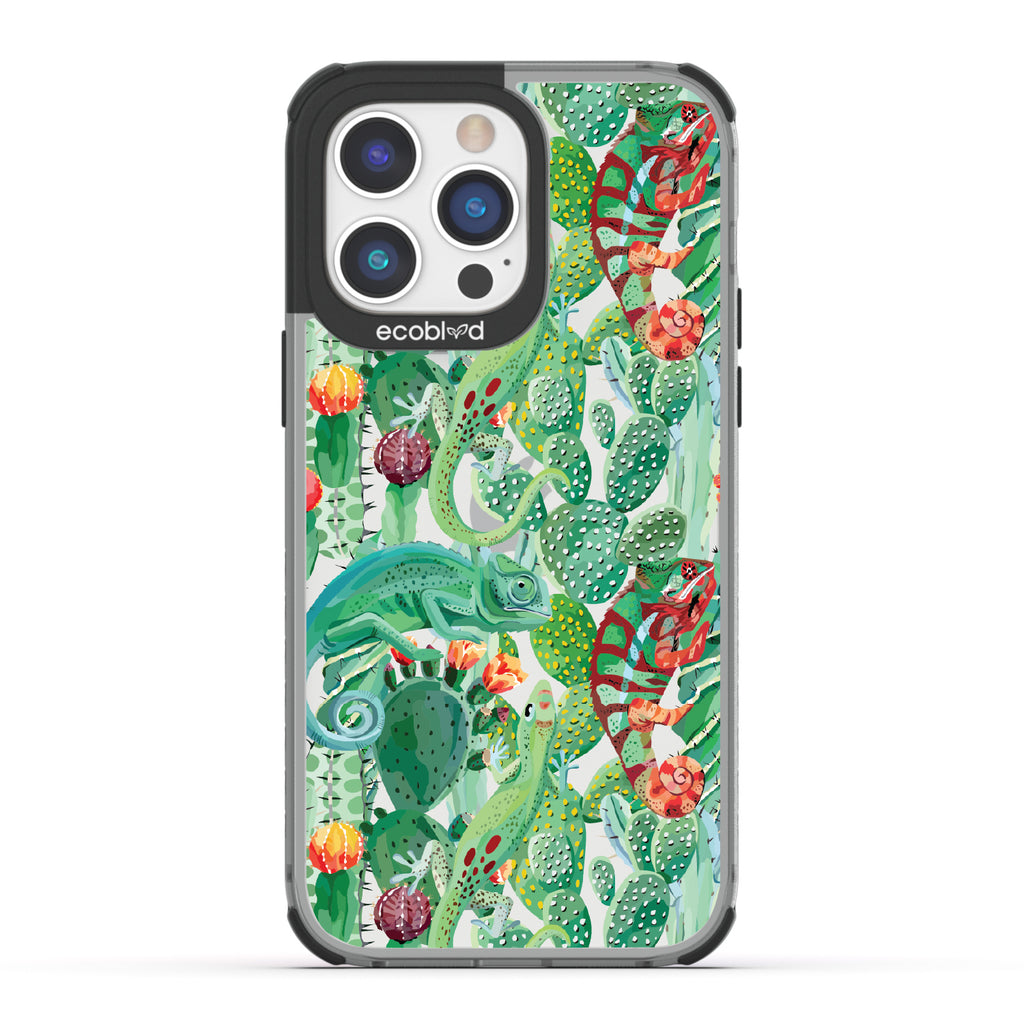 In Plain Sight - Black Eco-Friendly iPhone 14 Pro Case With Chameleons On Cacti On A Clear Back
