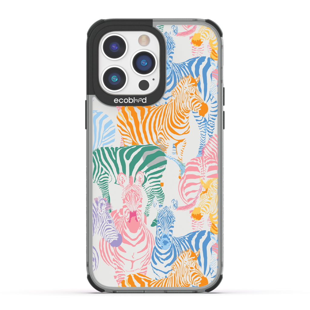 Colorful Herd - Black Eco-Friendly iPhone 14 Pro Max Case With Zebras in Multiple Colors On A Clear Back