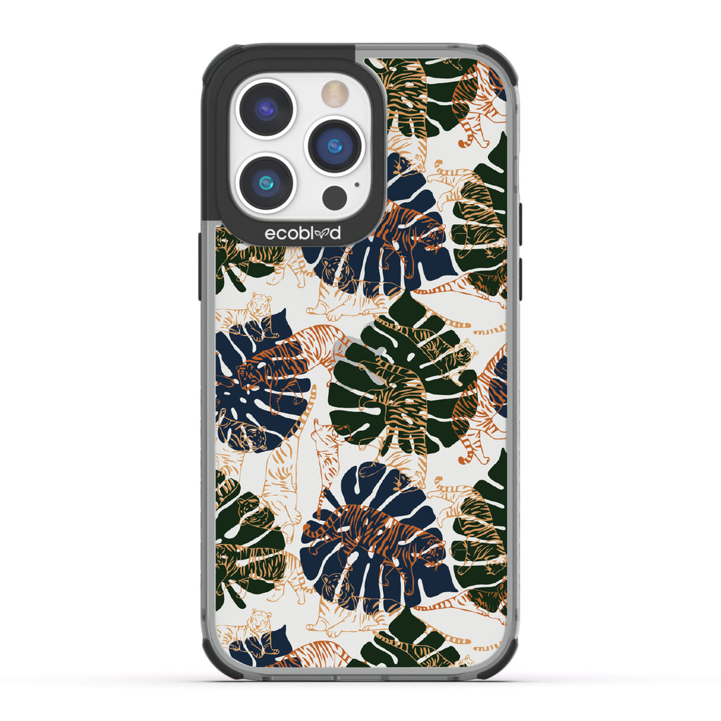 Tropic Roar - Black Eco-Friendly iPhone 14 Pro Case With Jungle Leaves & Orange / Yellow Tiger Outlines On A Clear Back