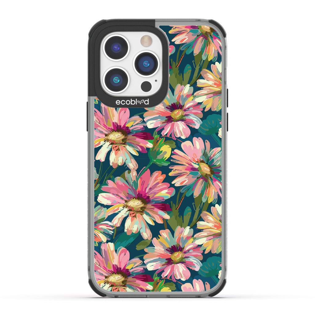 iPhone 14 Pro Max case, clear eco-friendly phone case with black ridges, back view, Daisy Dusk design