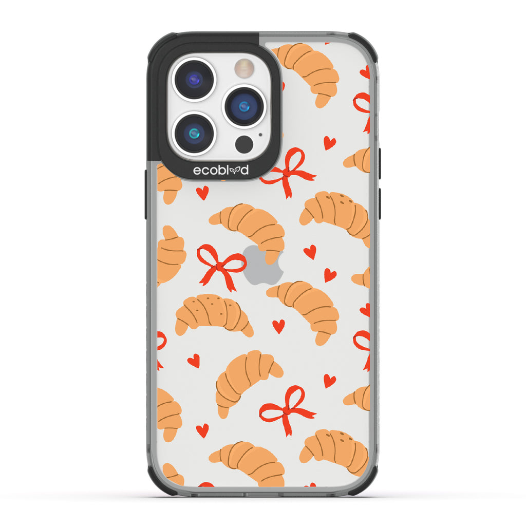 iPhone 14 Pro Max case, clear eco-friendly phone case with black ridges, back view, Croissant Couture design