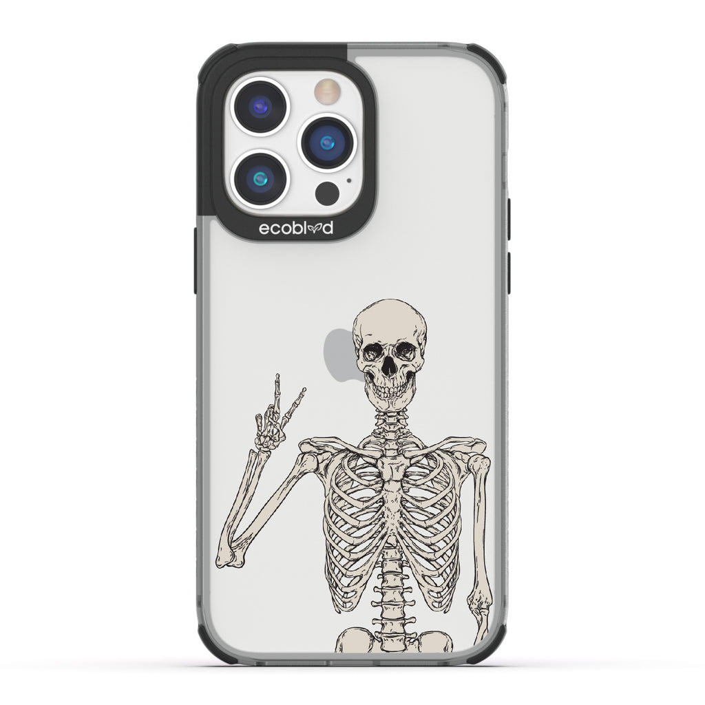 Creepin' It Real - Black Eco-Friendly iPhone 14 Pro Case With Skeleton Giving A Peace Sign On A Clear Back