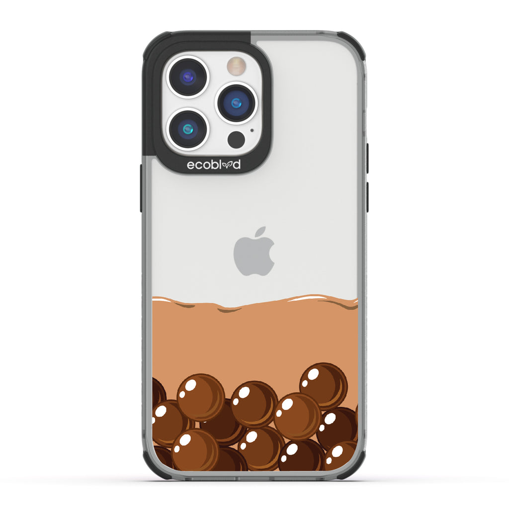 iPhone 14 Pro case, clear eco-friendly phone case with black ridges, back view, Brown Sugar Boba design