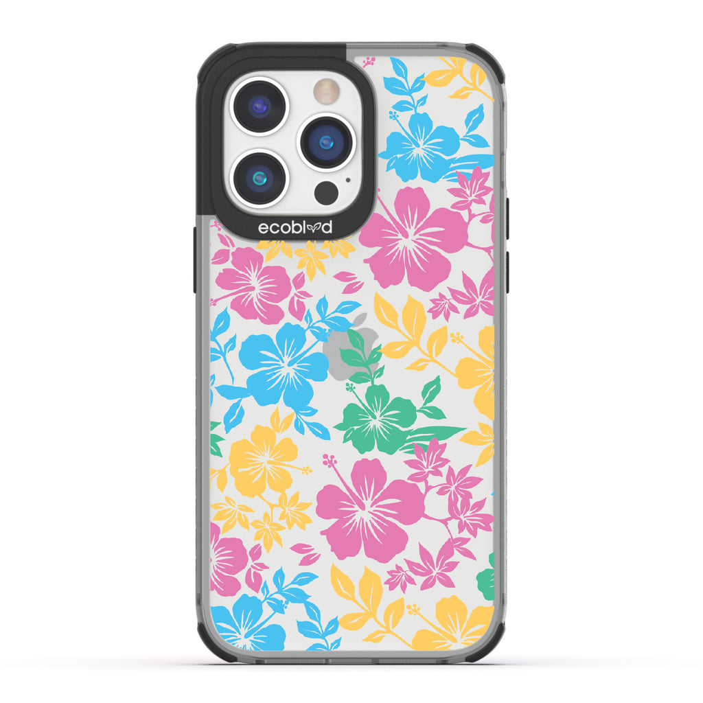 Lei'd Back - Black Eco-Friendly iPhone 14 Pro Max Case With Colorful Hawaiian Hibiscus Floral Print On A Clear Back