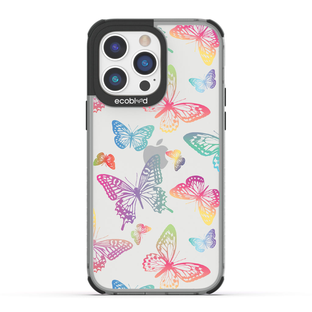 Butterfly Effect - Black Eco-Friendly iPhone 14 Pro Case With Multi-Colored Neon Butterflies On A Clear Back