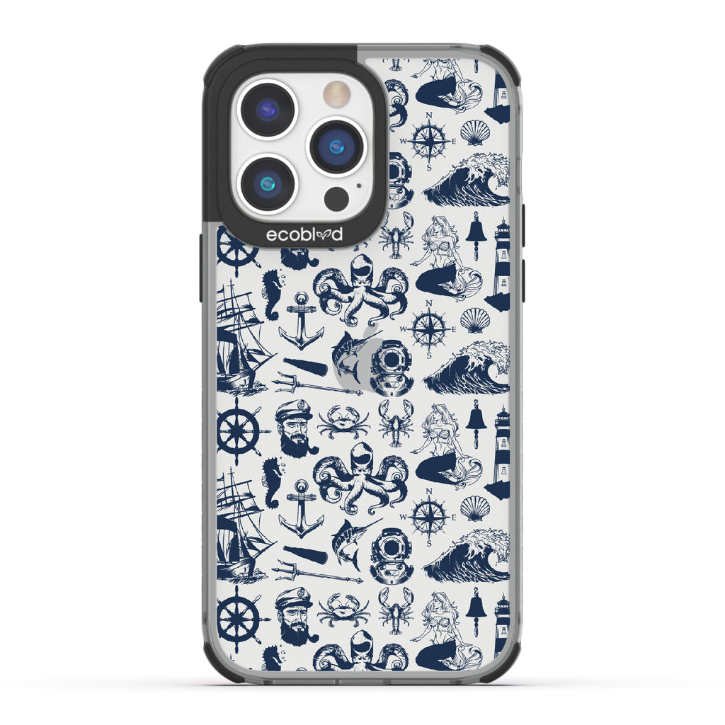 Nautical Tales - Black Eco-Friendly iPhone 14 Pro Max Case With Sailors, Ships, Waves, Anchors & More On A Clear Back