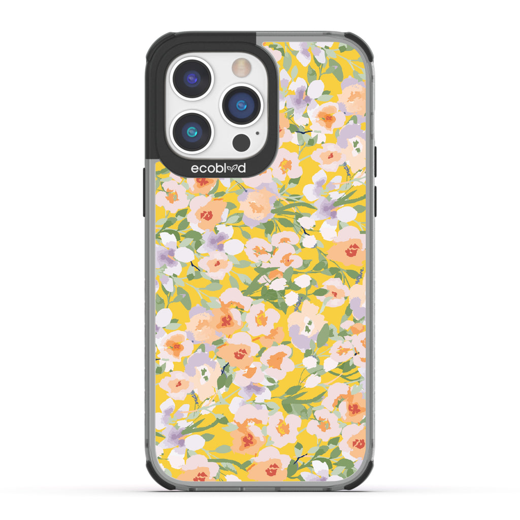 iPhone 14 Pro Max case, clear eco-friendly phone case with black ridges, back view, Flourish & Shine design