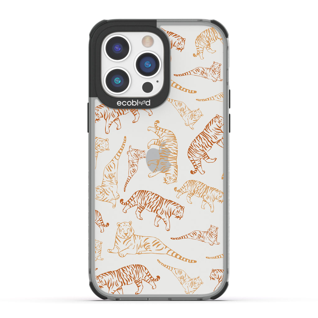 Tiger Pride - Black Eco-Friendly iPhone 14 Pro Case With Orange / Yellow Tiger Outlines On A Clear Back