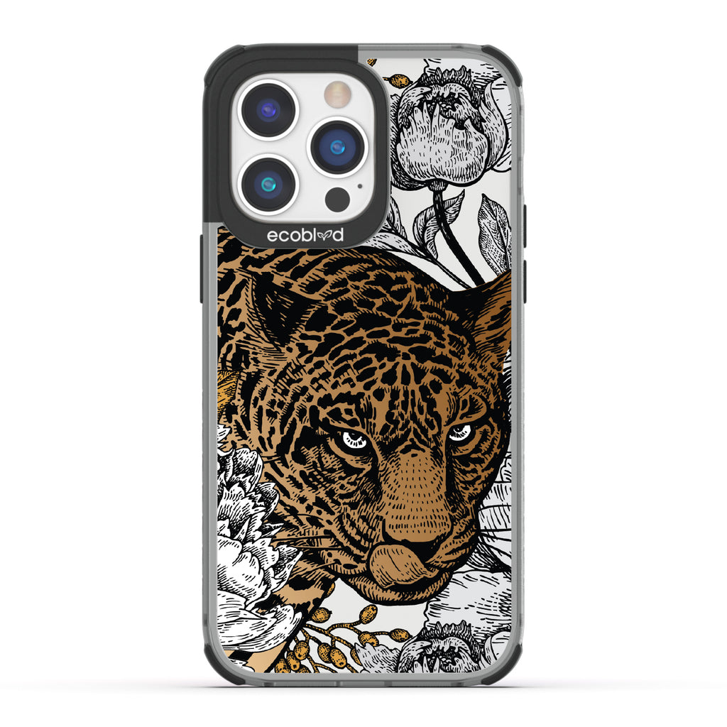 Purrfectly Striking - Black Eco-Friendly iPhone 14 Pro Case With Leopard, Black/Grey Flowers On A Clear Back