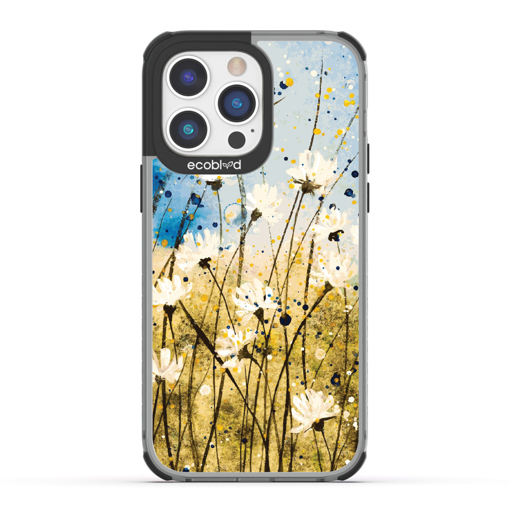 iPhone 14 Pro Max case, clear eco-friendly phone case with black ridges, back view, Dandelion Dance design