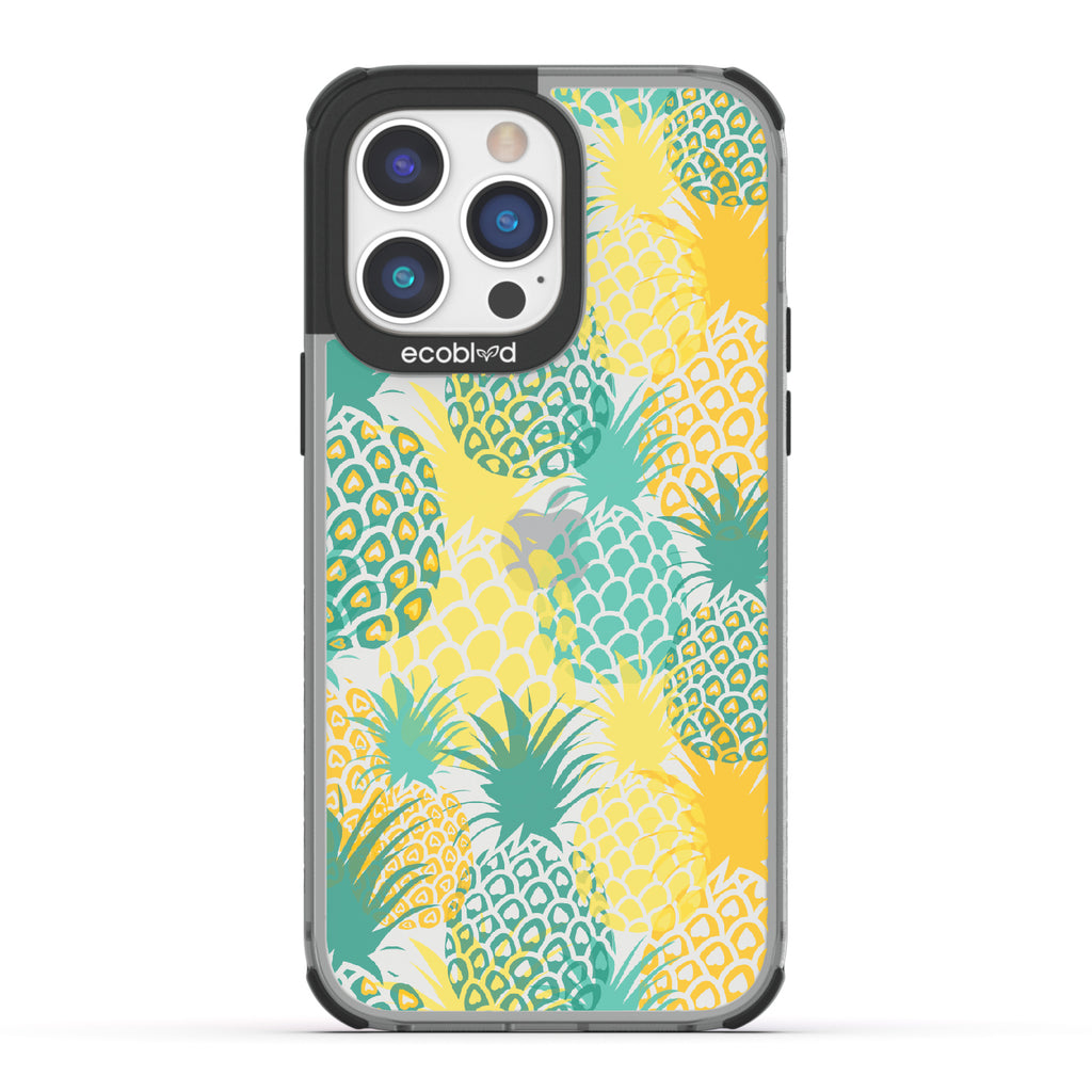 Pineapple Breeze - Black Eco-Friendly iPhone 14 Pro Max Case With Tropical Colored Pineapples On A Clear Back
