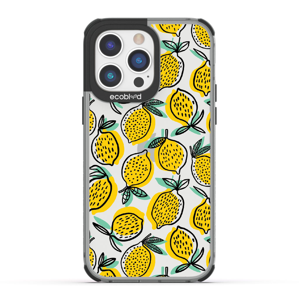 Lemon Drop - Black Eco-Friendly iPhone 14 Pro Max Case With Retro Lemon Print On A Clear Back