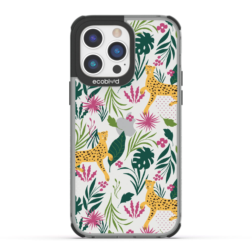 Jungle Boogie - Black Eco-Friendly iPhone 14 Pro Case With Cheetahs Among Lush Colorful Jungle Foliage On A Clear Back