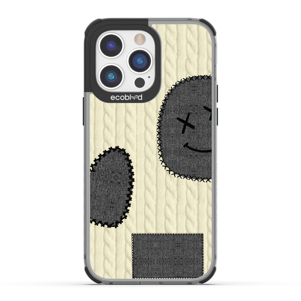 All Patched Up - Cable Knit With Patches of Heart + Happy Face - Eco-Friendly Clear iPhone 14 Pro Max Case With Black Rim