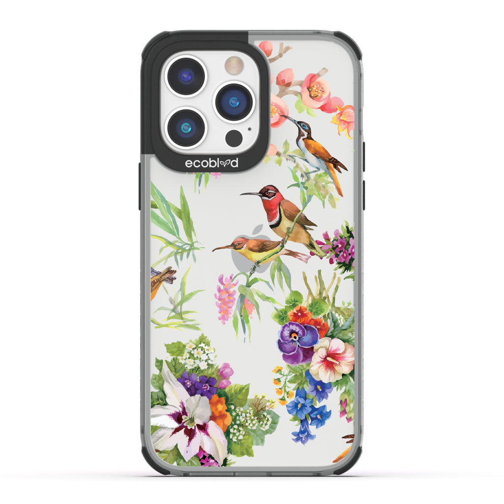 Sweet Nectar - Black Eco-Friendly iPhone 14 Pro Max Case With Humming Birds, Colorful Garden Flowers On A Clear Back